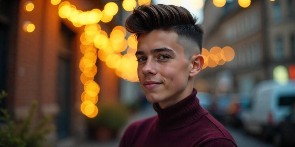 Stylish boy with taper cut and pomp top hairstyle in a romantic outdoor scene at dusk