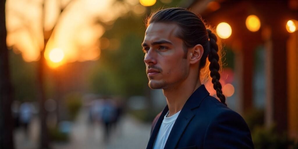 "Man with braided ponytail hairstyle in a blue suit, showcasing a sleek and stylish look in a romantic setting."