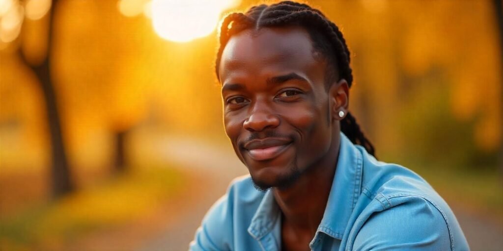 "Young man with natural cornrows braids styled in a protective pattern, wearing a light blue shirt in a romantic setting."