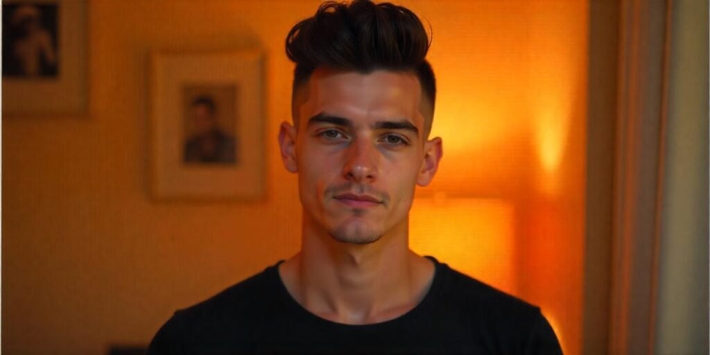 "Realistic image of a man with a mohawk fade hairstyle in a black shirt"