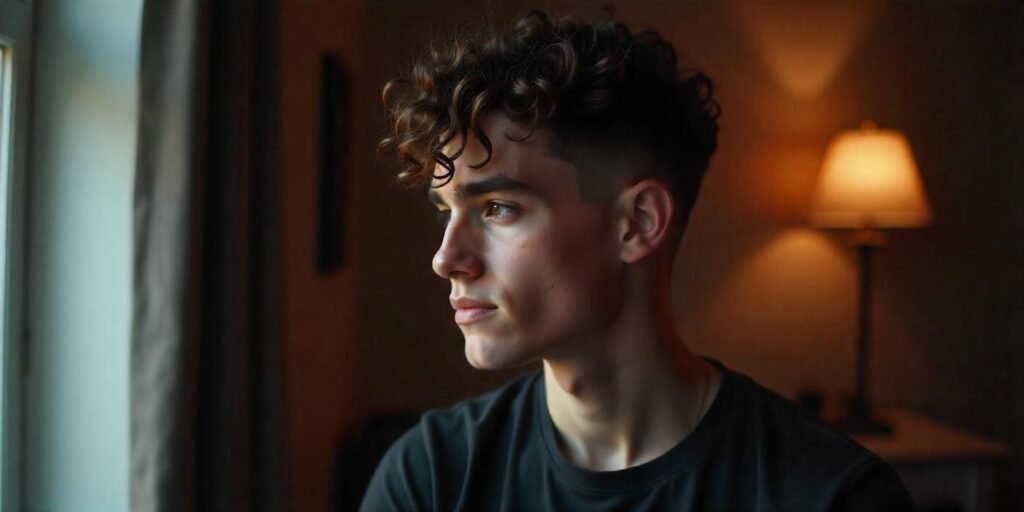 "Man with curly taper fade hairstyle showcasing defined curls and sharp low fade."