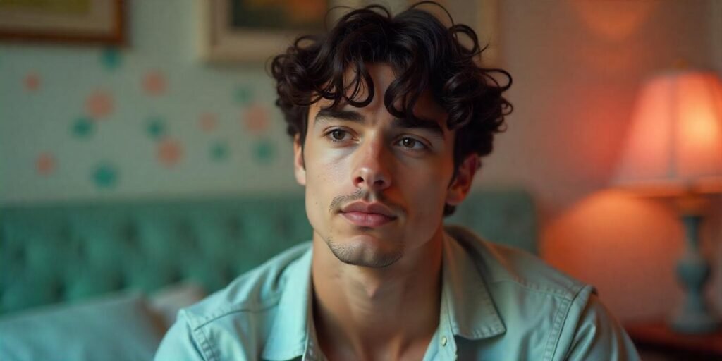 "Young man with curly fringe hairstyle styled forward in a romantic setting, showcasing a youthful and bold look."