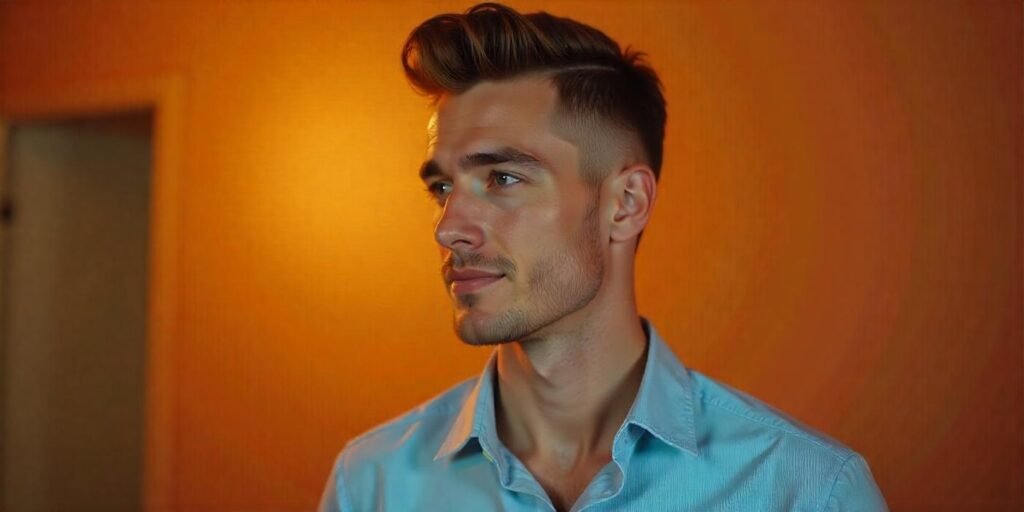 "Classic comb-over hairstyle for men with medium brown hair, light blue shirt, and romantic background."