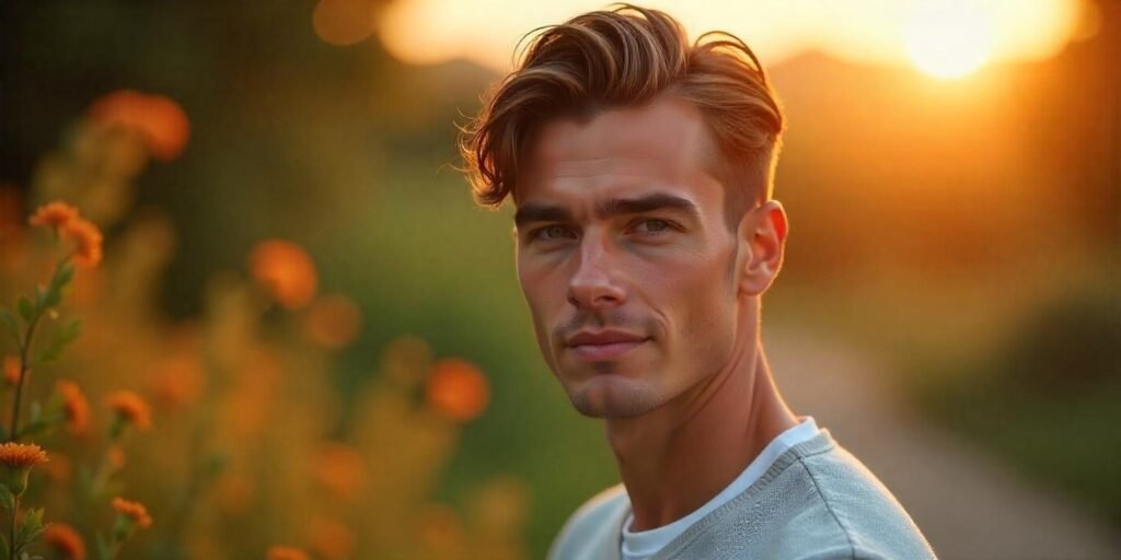 Young man with a combover and side part hairstyle in a romantic setting, wearing a casual white shirt.