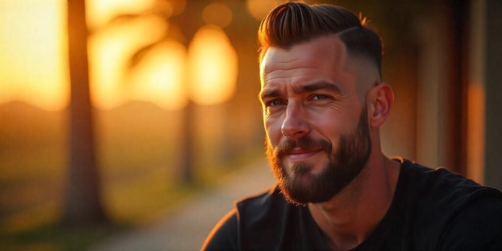 "Man with crew cut hairstyle and full beard in romantic setting with high fade and confident expression"