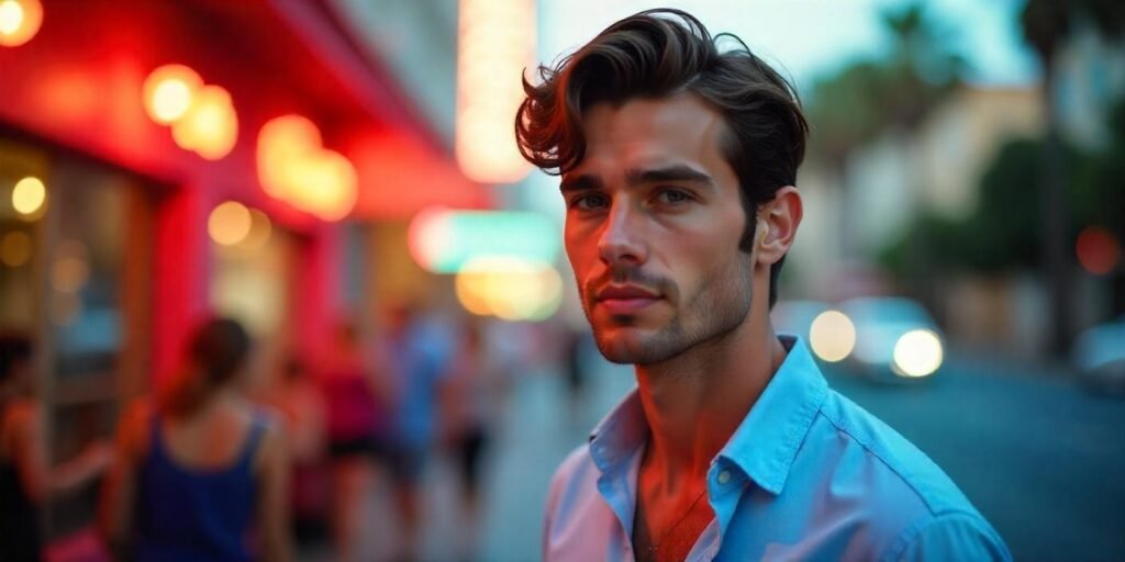 "Realistic photo of a man with textured wavy hair in an ear-tucked style, wearing a light blue shirt."