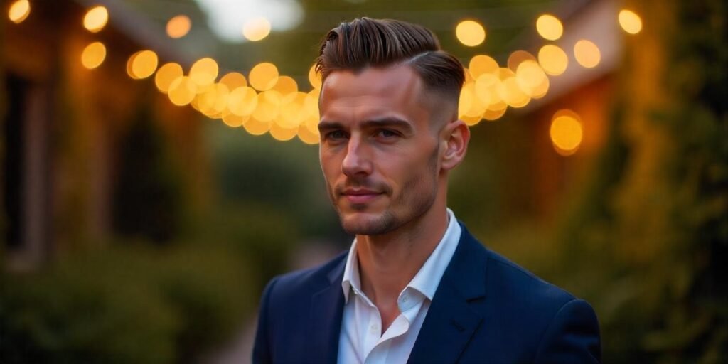 A young man with a slicked-back undercut hairstyle, dressed in a dark blue suit, standing in a romantic setting.