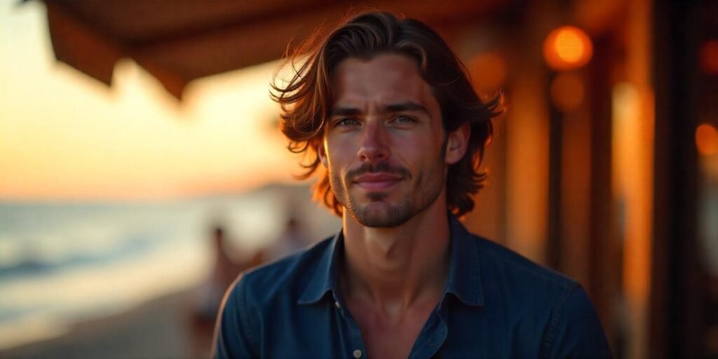 "Man with wavy medium-length hair in a romantic setting showcasing the Bro Flow hairstyle."