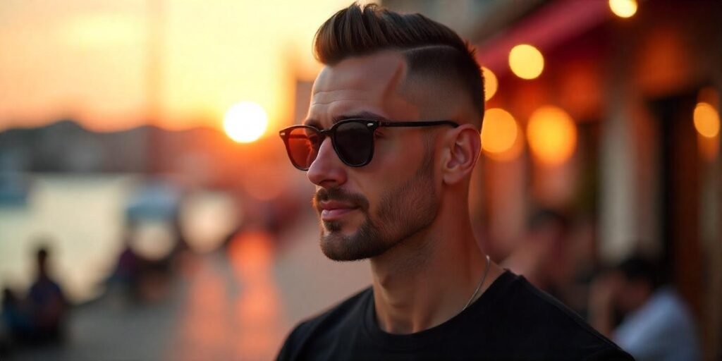 Confident man with jaw-length bob haircut, wearing black t-shirt and sunglasses, in romantic background.