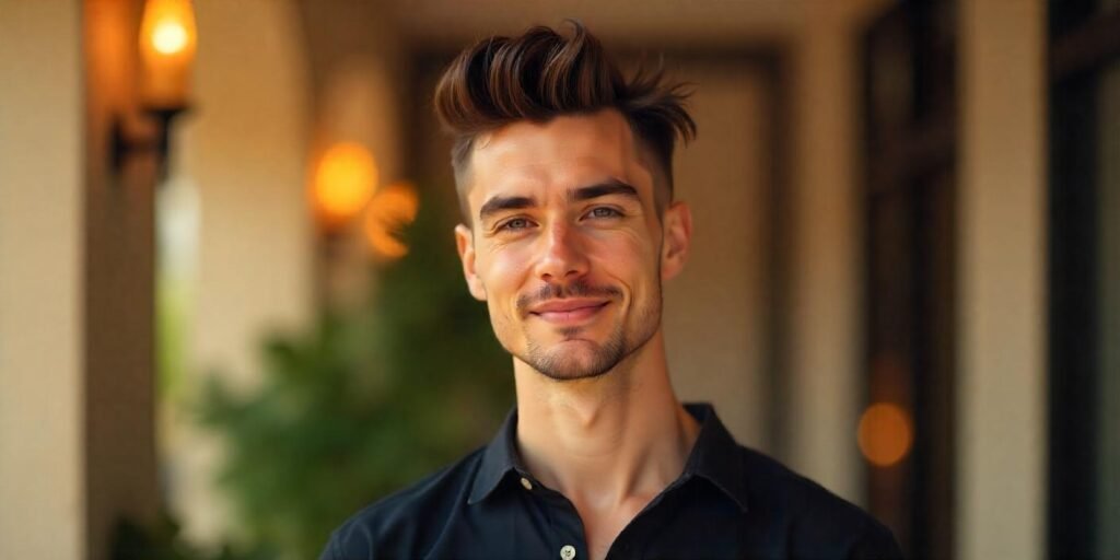 "Man with short spiky haircut styled for thin hair, natural look with romantic background."


