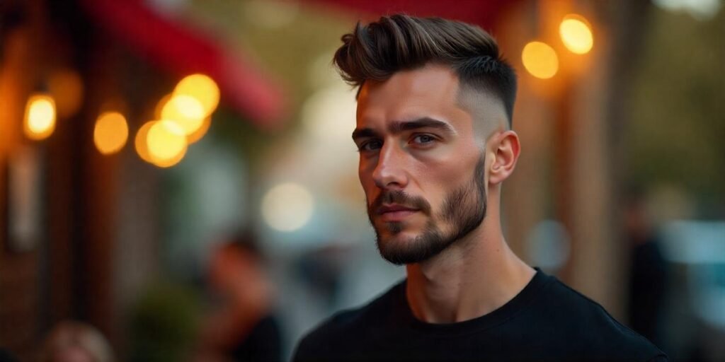 Young man with high fade Caesar cut, facial hair, and casual black shirt in a romantic background.







