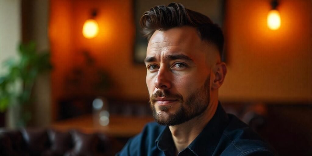 "Man with Hard Part Fade haircut and beard in romantic setting, stylish and confident look"







