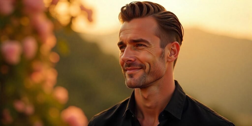 "Realistic image of a man with slicked back medium hair, wearing a black shirt with romantic background."

