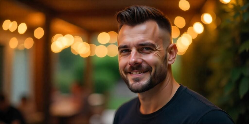 Skin fade with a shaved side part hairstyle for men in a romantic outdoor setting.

