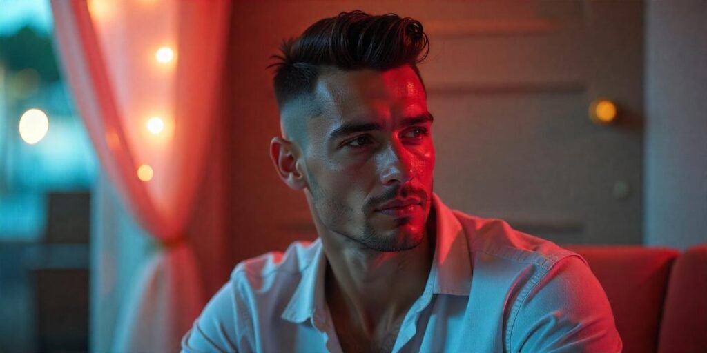 "Realistic image of a man with short quiff and high fade hairstyle, romantic background, and natural expression."

