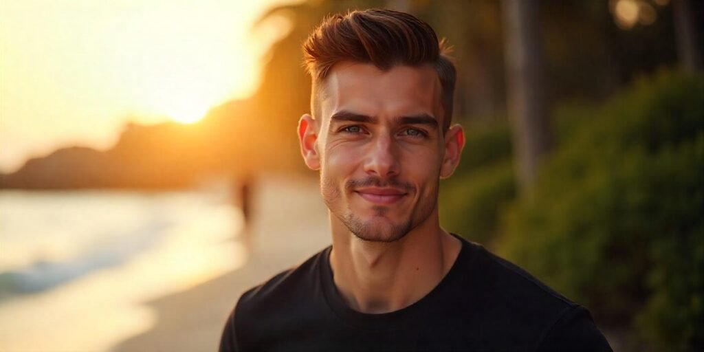 "Short smoothed back quiff hairstyle for men with volume, dark brown hair, and casual look in a romantic setting"








