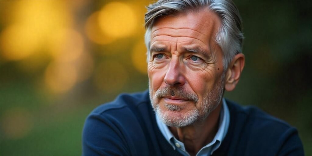 A man with brushed back short gray hair, wearing a navy sweater, in a romantic outdoor setting.





