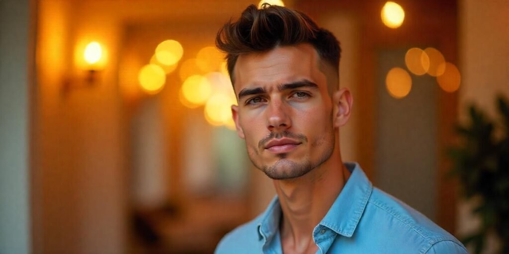 "Zero fade spiky quiff hairstyle for men with dark brown hair in a romantic setting"







