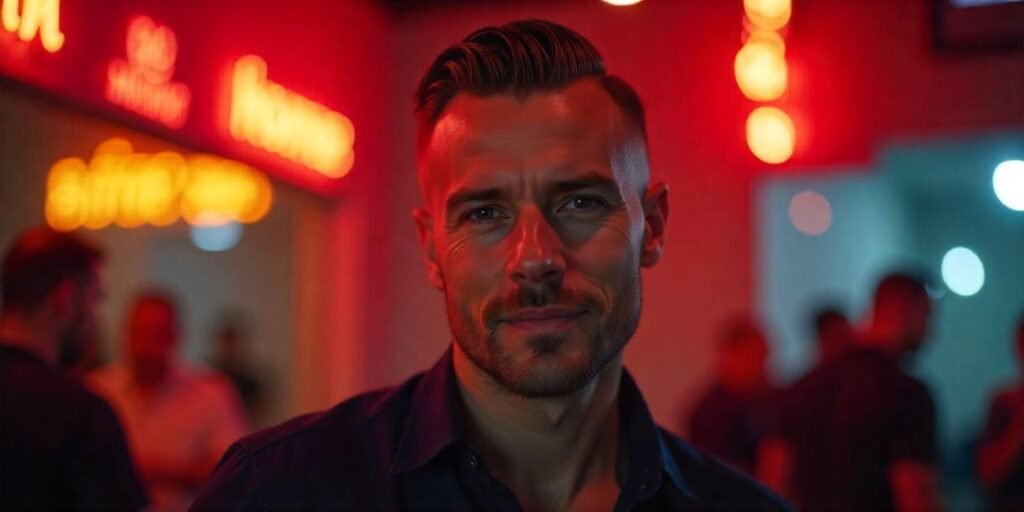 Realistic image of a man with slicked back mid fade haircut, romantic background, and stylish outfit.







