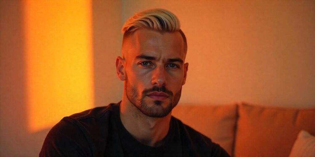 "Men's buzz cut hairstyle with platinum and pastel highlights, beard, and confident look in a romantic setting."