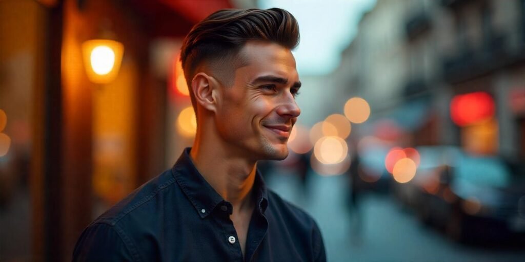 "Man with slick fade hairstyle, wearing dark shirt, standing in romantic, softly-lit background."