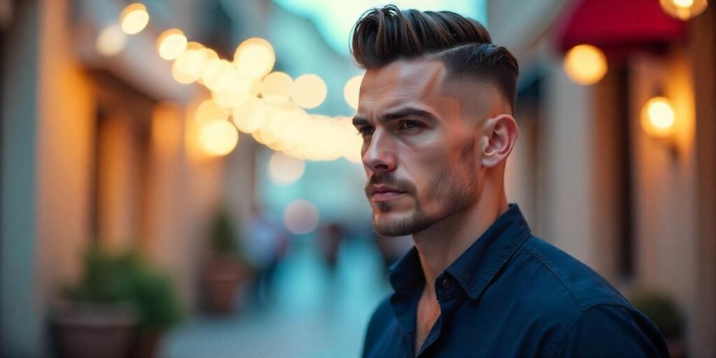 "Realistic image of a man with high and tight haircut, wearing a dark shirt, in a romantic background"