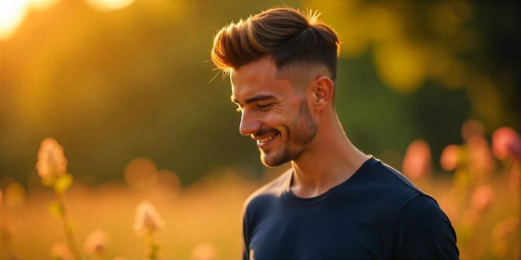 "Realistic image of a young man with a natural fade hairstyle, relaxed outfit, and romantic background."
