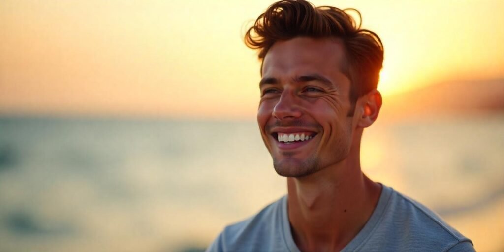 "Oval face shape with a textured short hairstyle, casual outfit, and romantic sunset background."