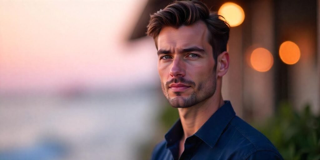Square face shape hairstyle for men with center part and textured crop in a romantic setting.