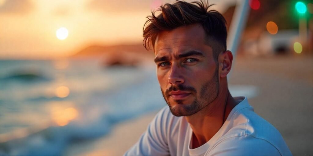 "Rectangle face shape hairstyle with volume at the sides and a natural shag cut for men."