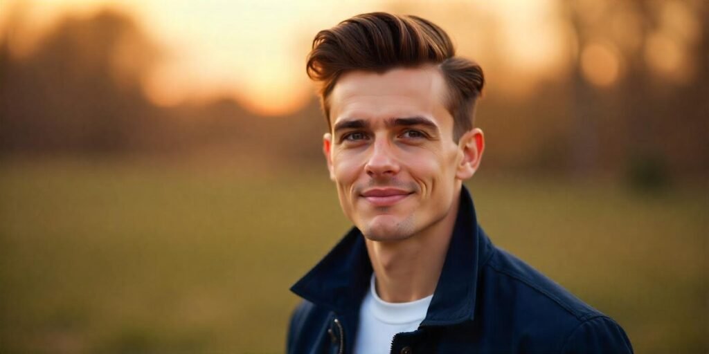 "Young man with round face shape, modern pompadour hairstyle, navy blue jacket, and serene outdoor romantic setting."