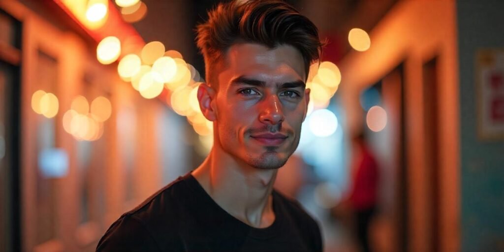 “Triangle face shape hairstyle for men with Heartthrob, Mod Cut, and Pompadour in a romantic setting.”