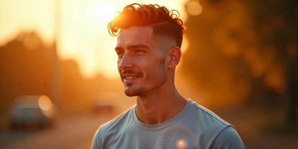 "Man with buzzed sides and curly hair in a wolf cut, casual style with romantic sunset background."

