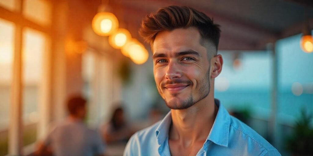 Oasis style wolf cut for men with natural movement and layers, creating a youthful, modern appearance in a romantic setting.







