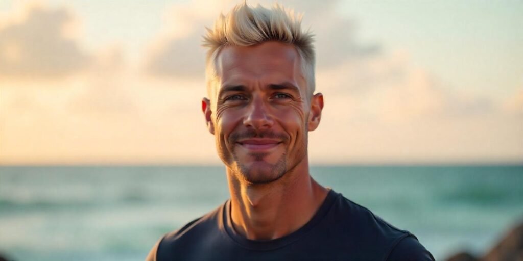 "Man with blonde wolf cut hairstyle and bleached highlights in a dreamy outdoor setting."







