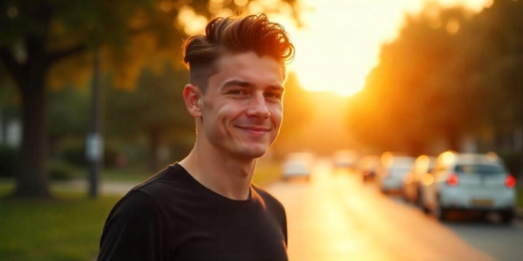 Young man with medium length wolf cut hairstyle, dressed in casual black T-shirt, with a romantic outdoor background.







