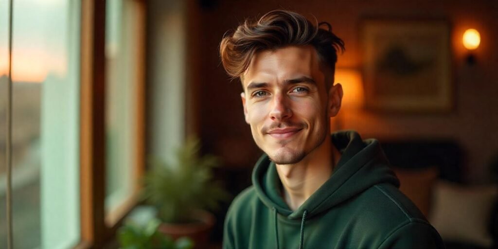 Low-maintenance wolf cut for men with soft layers and hard lines, styled in a romantic, cozy setting.







