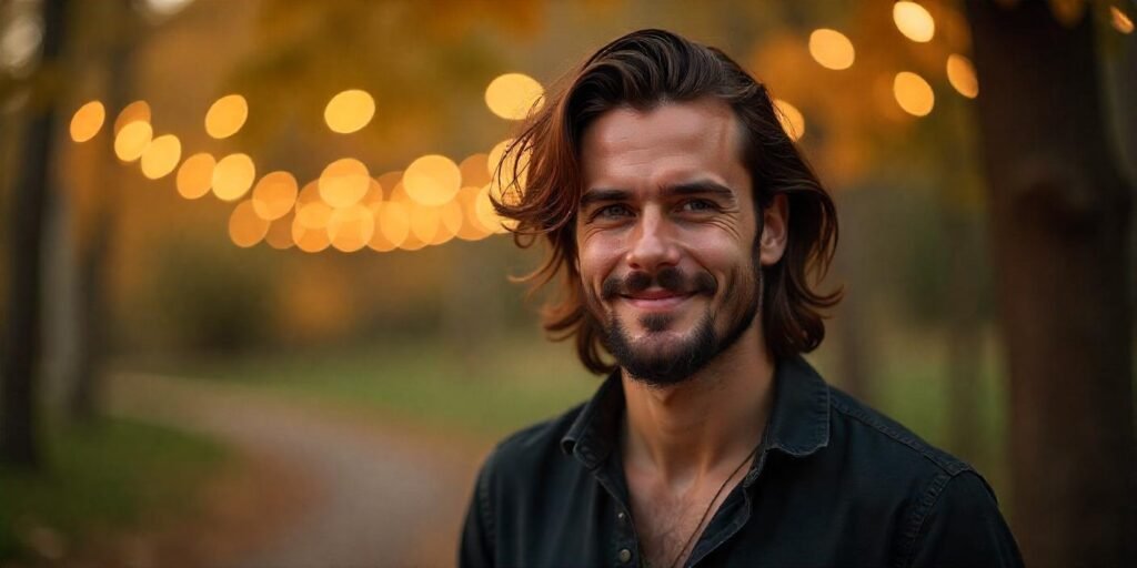 "Man with long hair styled in a wolf cut, standing in a romantic setting with a relaxed smile."

