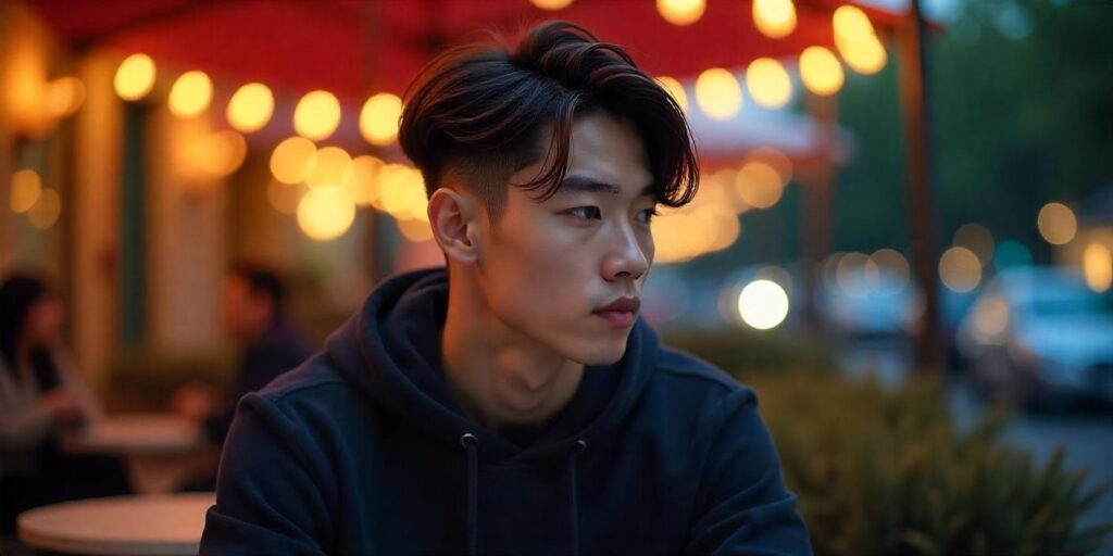 Korean Wolf Cut for men, showcasing textured layers and natural depth, in a romantic outdoor setting.







