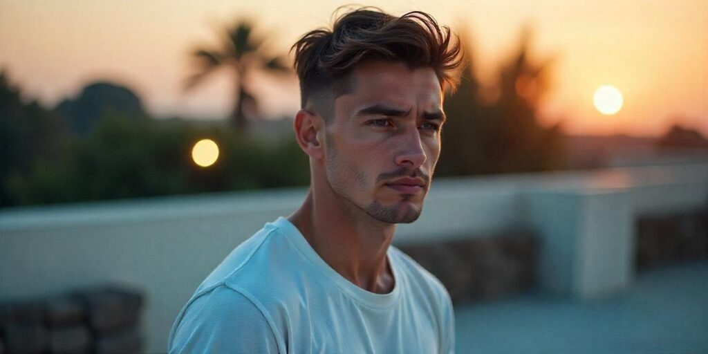 "Young man with straight wolf cut hairstyle, choppy ends, and tapered lengths in romantic setting."







