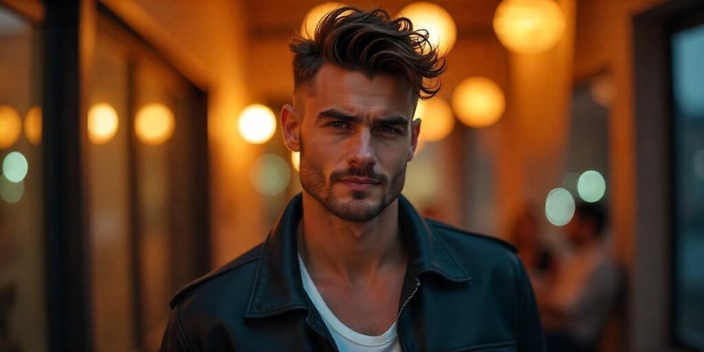 "Full wolf cut hairstyle for men with thick layers, dark brown hair, and romantic background"







