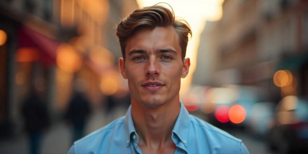 A young man with Ivy League haircut, styled with 1-2 inch length on top, wearing a light blue shirt in a romantic, soft-focused background.