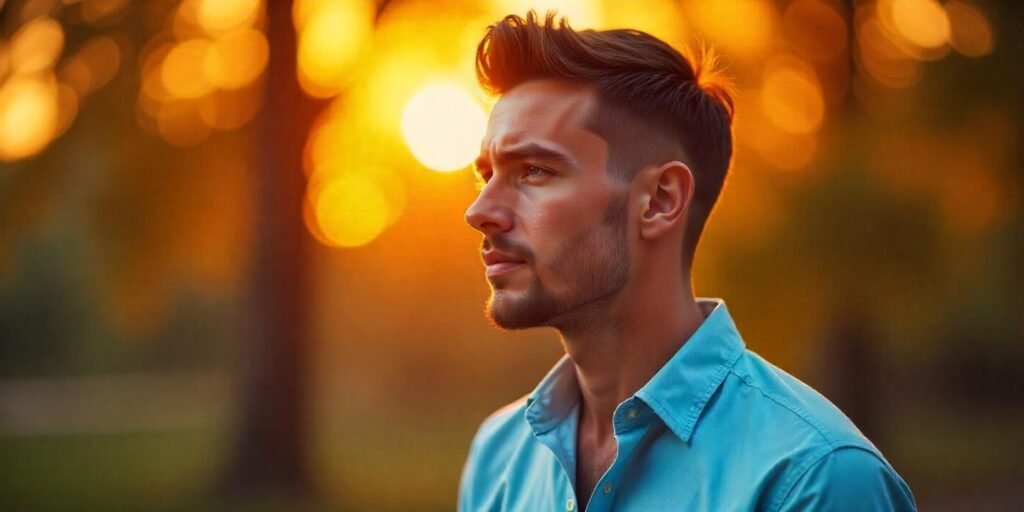 Realistic photo of a young man with a tapered Ivy League haircut and casual attire, showcasing a clean, blended look.