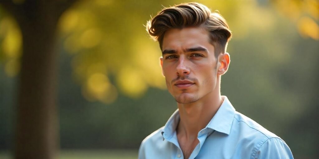 Young man with Ivy League haircut styled to the side in a professional setting with neutral attire.