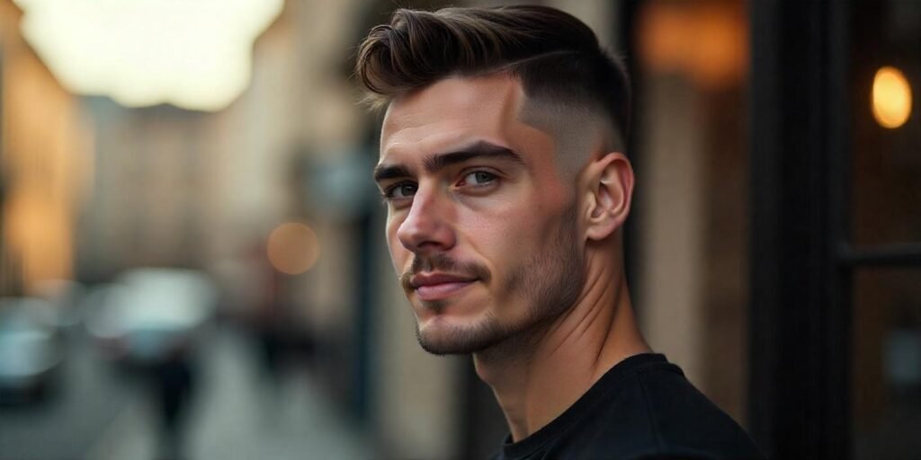 "Realistic image of a young man with Ivy League haircut featuring a modern fade, clean lines, and a romantic background."