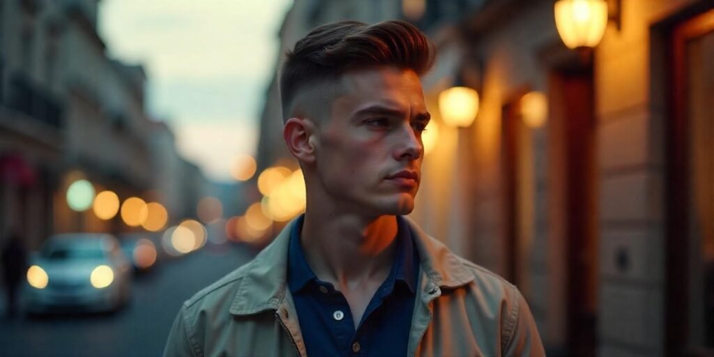 Image of a young man with an Ivy League haircut and fade, wearing a navy shirt, showing off clean, defined lines and a romantic background.