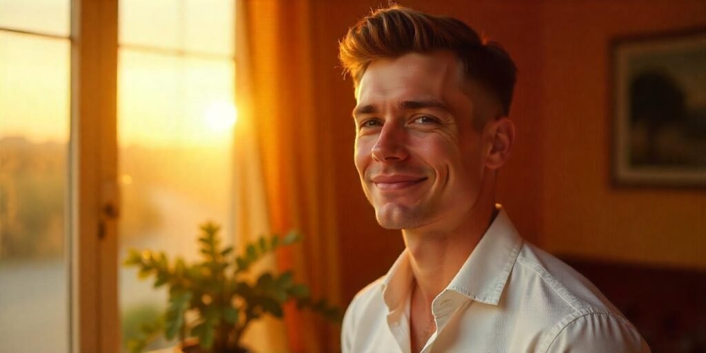 Realistic image of a young man with a Classic Ivy League haircut, featuring a neat, tapered style and timeless appeal.