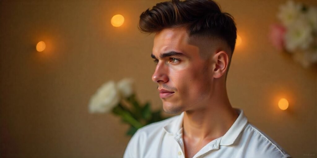 Young man with low fade crew cut hairstyle and natural dark brown hair wearing white shirt in romantic background

