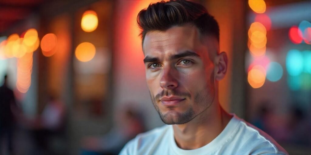 Realistic photo of a boy with a sharp hard part crew cut hairstyle and white shirt in a warm romantic background

