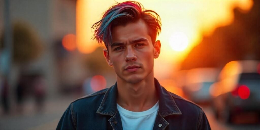 "Realistic image of a young man with a layered mullet haircut and vibrant dyed tips, exuding confidence."

